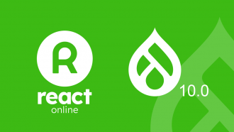 React Online logo en Drupal 10 logo op groene achtergrond