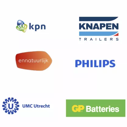 Logo's van opdrachtgevers van React Online, zoals KPN, Ennatuurlijk en UMC Utrecht
